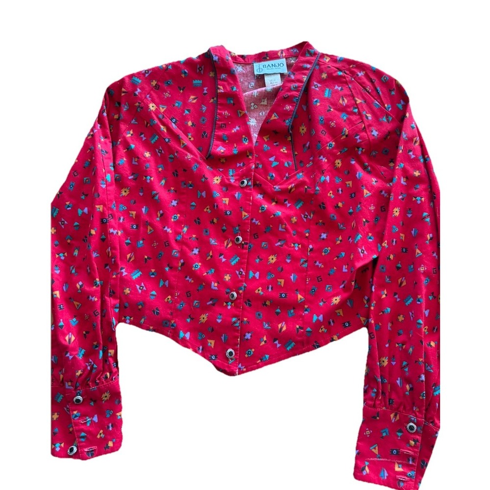 Vintage Western Shirt Cropped Southwest Aztec Rodeo Cowgirl Bright Large Cotton